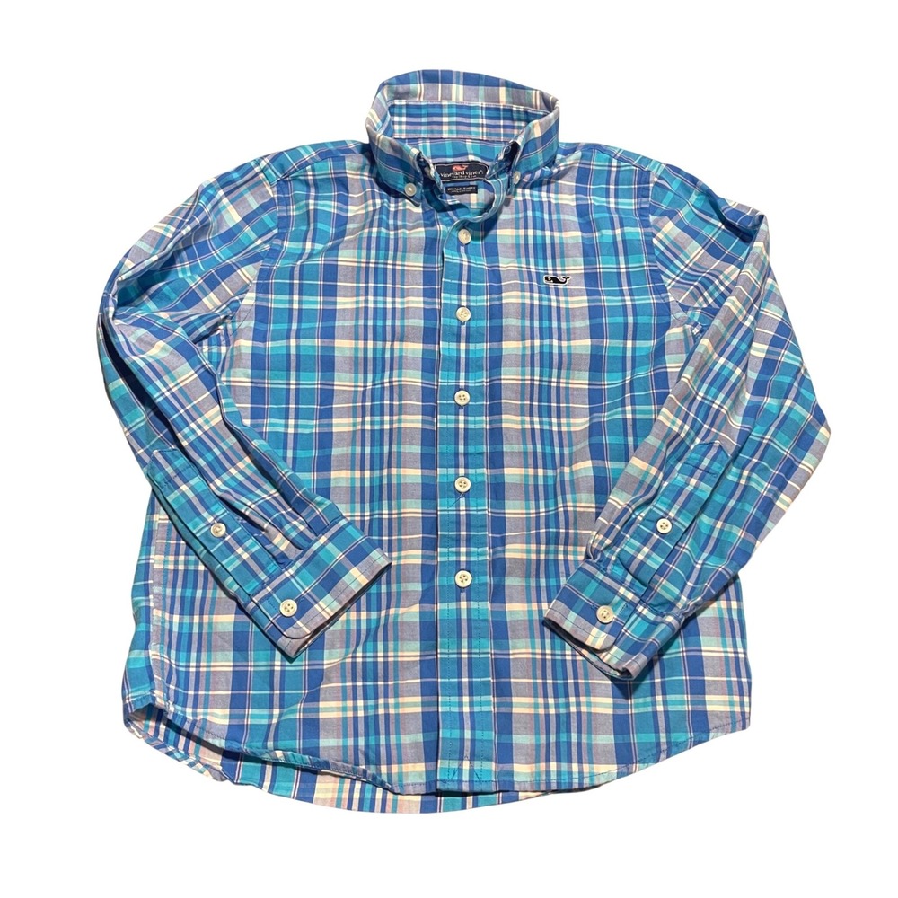 Vineyard Vines Whale Shirt Boys 6 Blue Plaid Preppy Coastal Button Down 3W001166